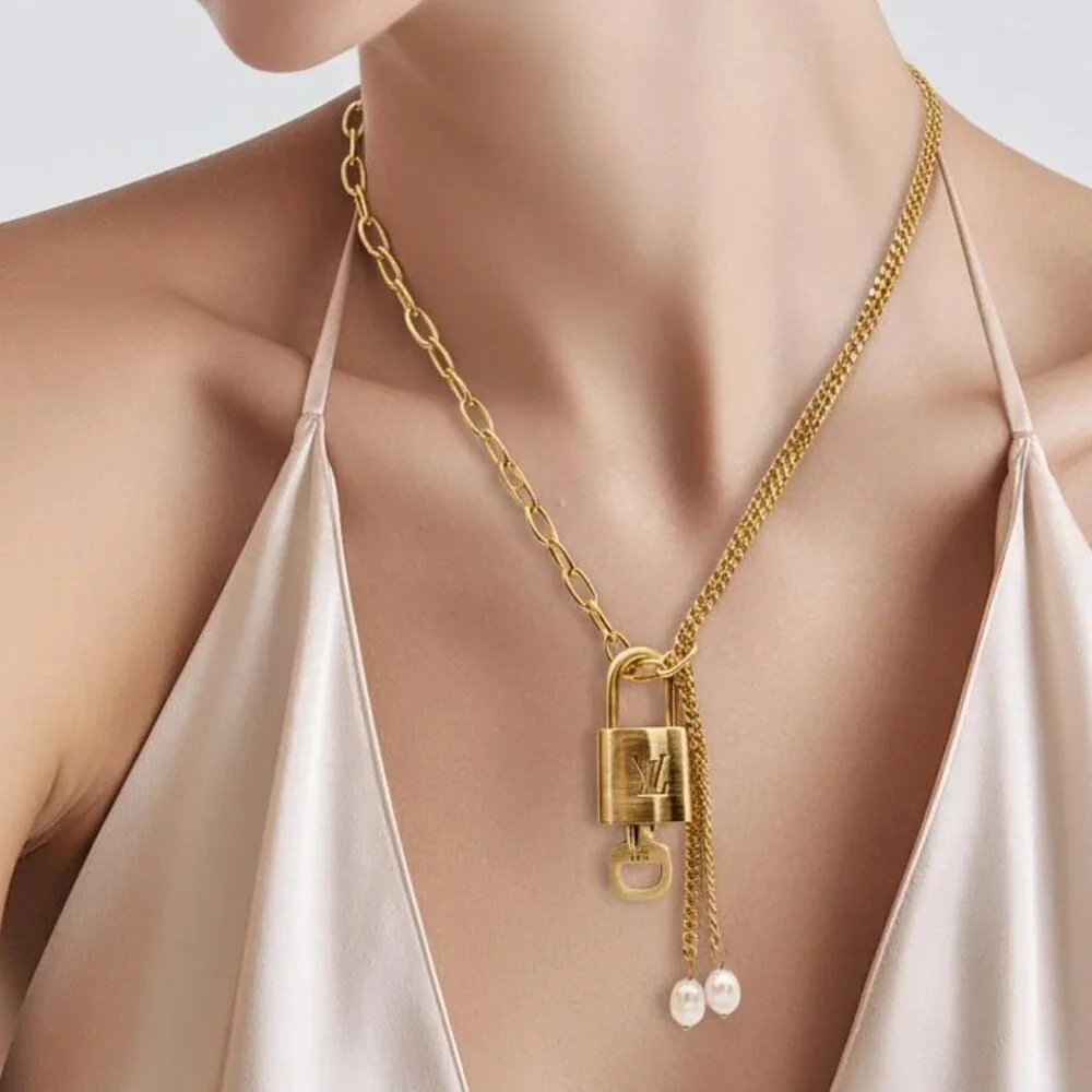 Stainless Steel Gold-Plated Necklace with Authentic Louis Vuitton Padlock